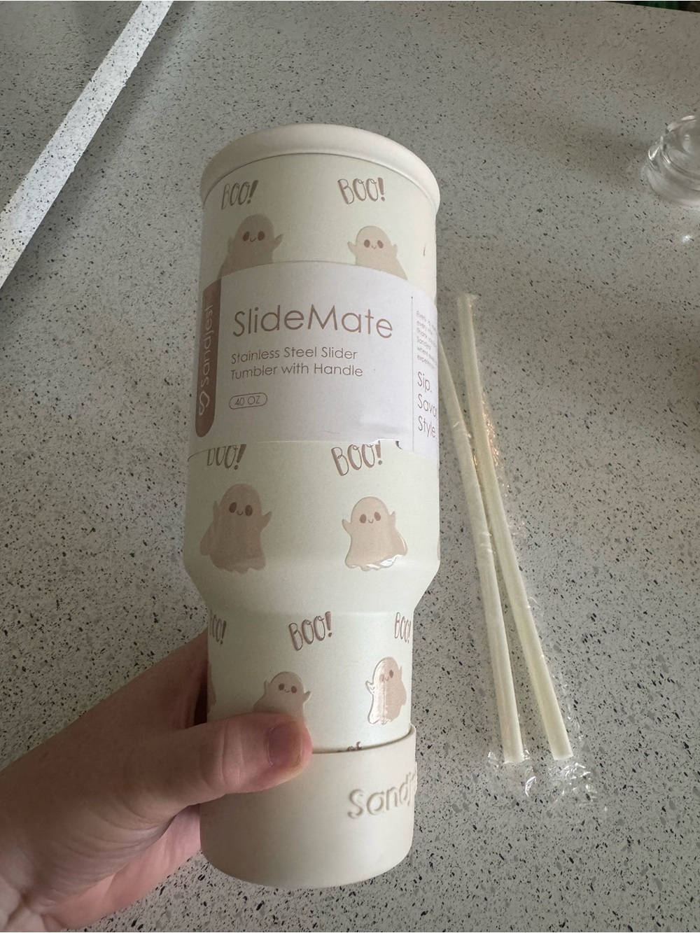Stainless Steel Slider Tumbler with Handle - Cream Ghost Print